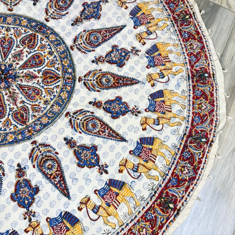 Vintage‎ Kalamkari Tablecloth Ghalamkar Block Print Round Mandala